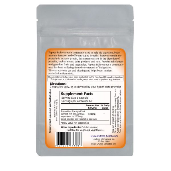 Lewtress Papaya Extract Back Label Information